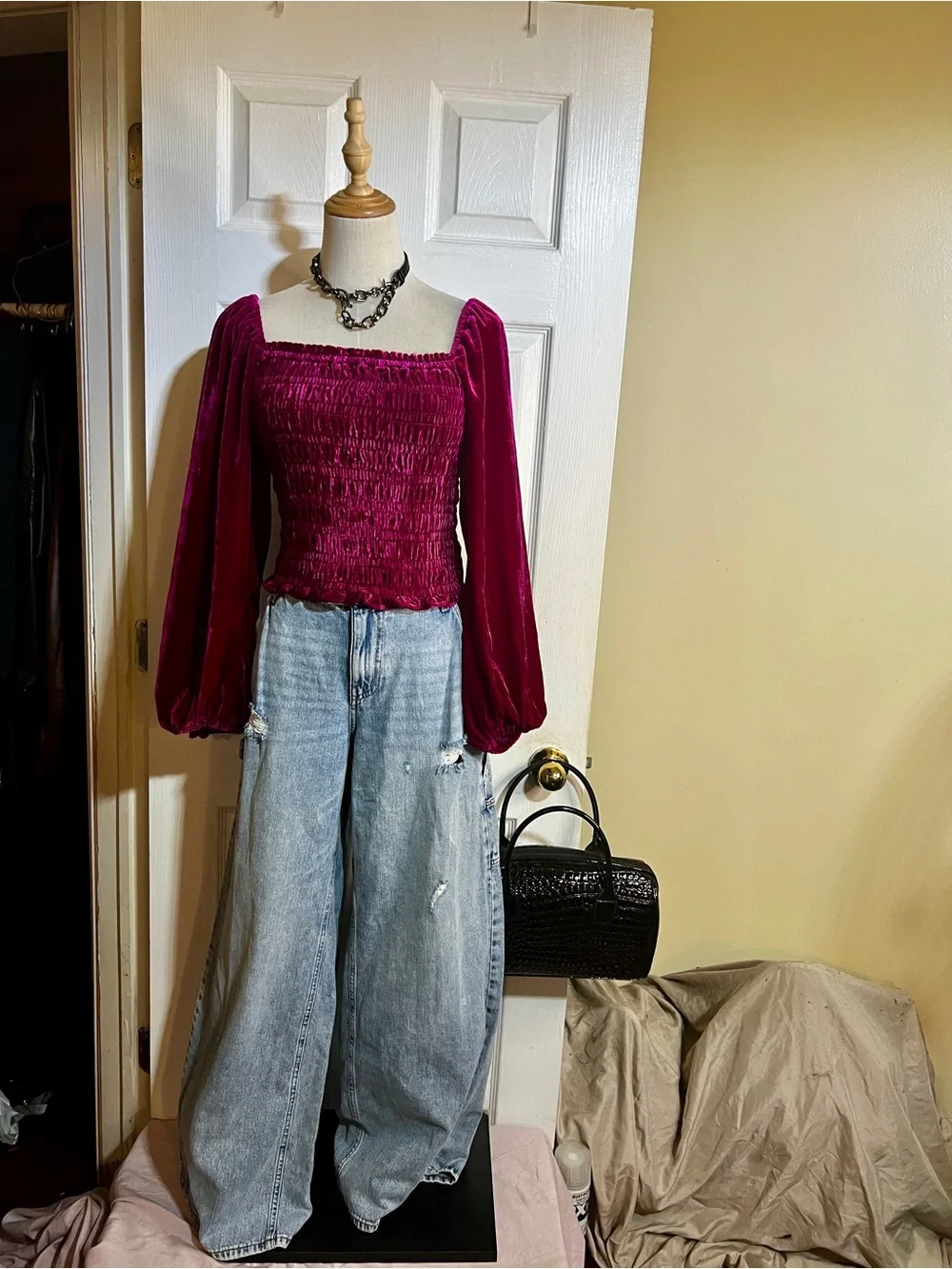 New Anthropologie Fuchsia Velvet Smocked Off The Shoulder Balloon Sleeve Top S